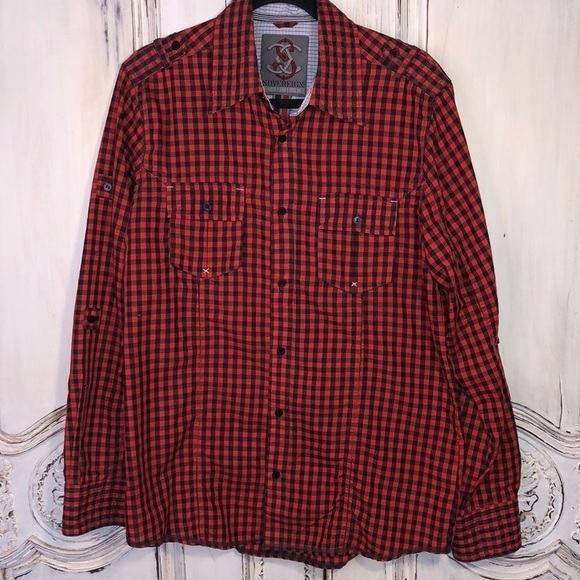 Men’s Sovereign CODE  Black and Red Gingham Top Stitching Detailing Button Down - Picture 1 of 13